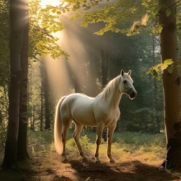 A horse in the woods with the sun shining through the trees