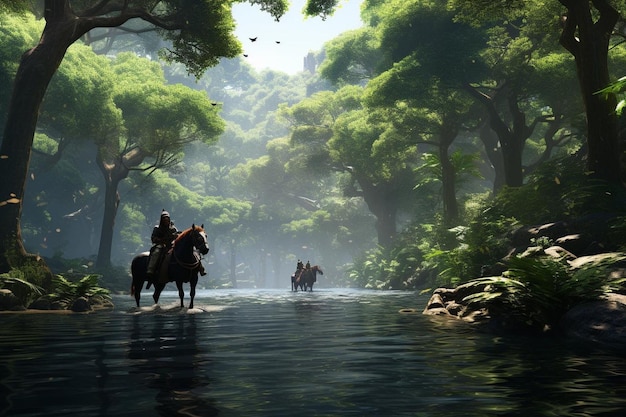 Horseback ride along a winding riverbank with lush