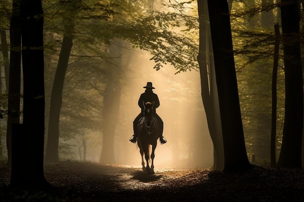 Horseback ride through a mistcovered forest with ra