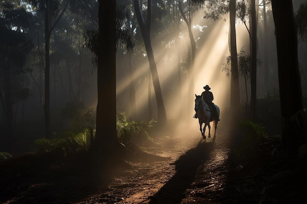 Horseback ride through a mistcovered forest with sh