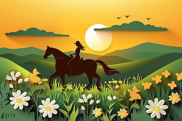 Horseback riding through a meadow vector paper cut style summer day with warm sunlight