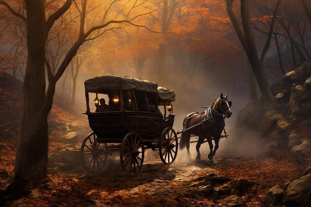 Horsedrawn wagon traveling through a misty forest