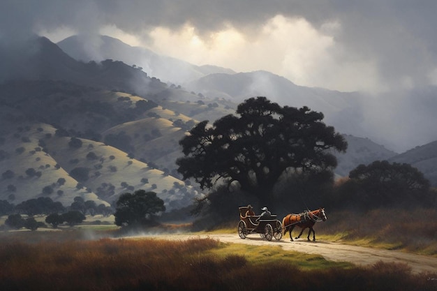 Horsedrawn wagon traveling through a misty valley