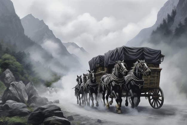 Horsedrawn wagon traveling through a misty valley