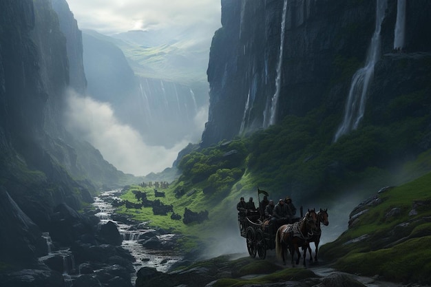 Horsedrawn wagon traveling through a misty valley