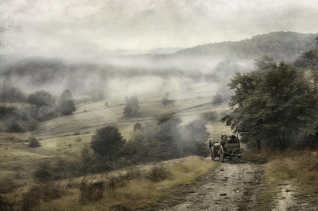 Horsedrawn wagon traveling through a misty valley