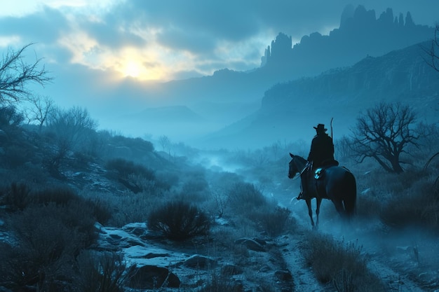 Horseman on horseback in foggy mountains at sunset