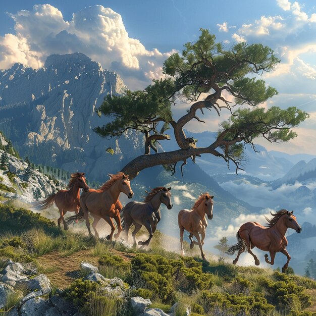 Photo horses are racing along the mountainous terrain past the tree herd stallions and foal