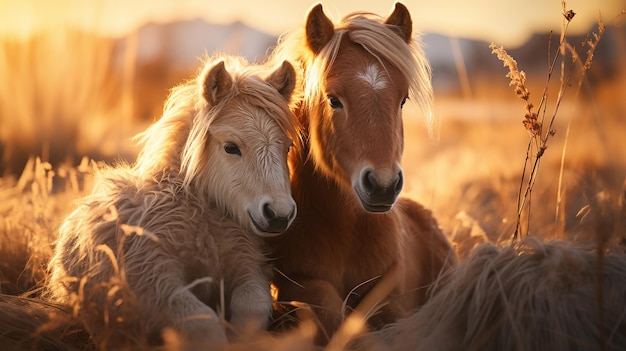 Horses cuddling on the grassland