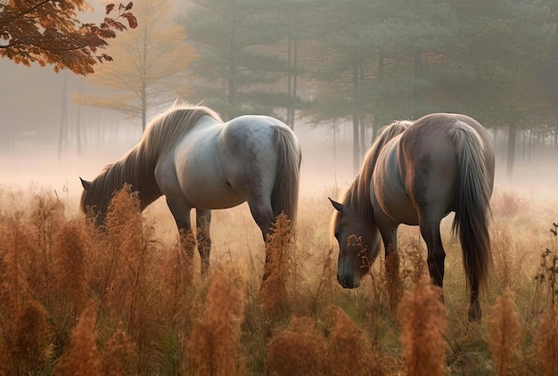 Horses eating grass on a meadow near the forest