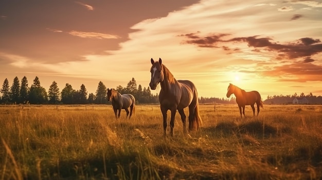 Horses in the field at sunset Beautiful summer landscape with horses