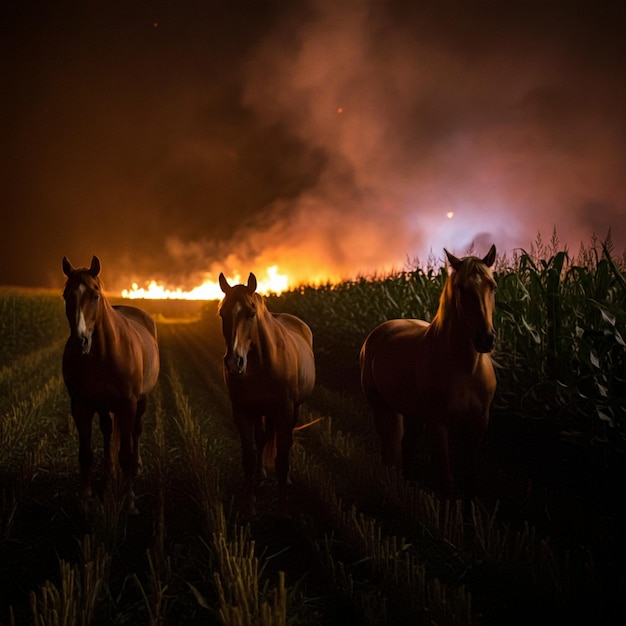 Photo horses in a field with a burning field behind them