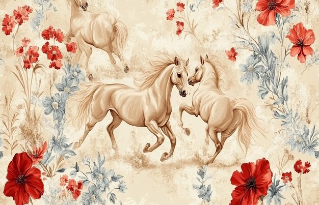 Photo horses in a floral pattern with flowers and a horse