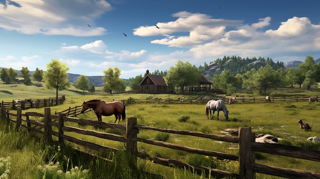 Horses grazing in a meadow on a sunny day with a painting style view