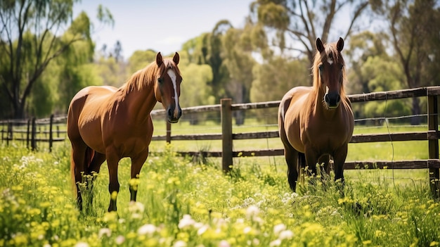 Horses on a green meadow in a sunny day