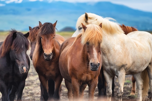 Horses in Iceland Wild horses in a group Horses on the Westfjord in Iceland Composition with wild animals Travel image