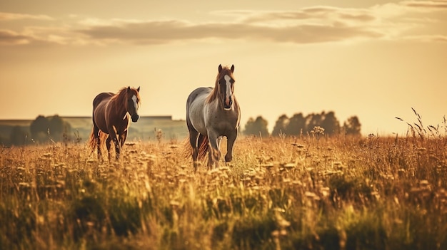 Horses in the meadow at sunset Beautiful nature landscape