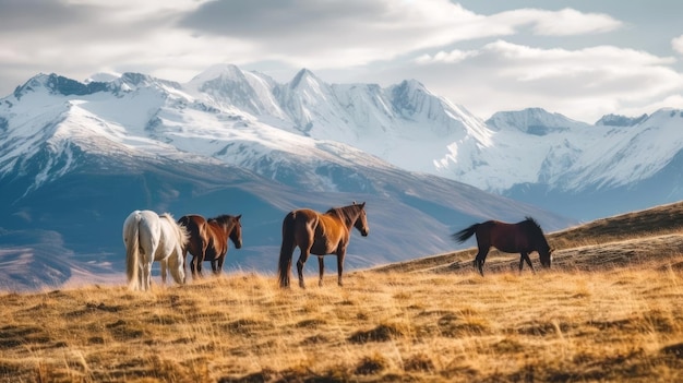 Horses in a pasture near mountains in Kazakhstan