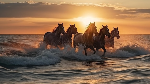 Horses running on the beach at sunset