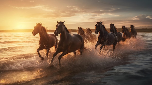 Horses running on the beach at sunset