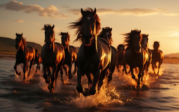 horses running on the beach at sunset