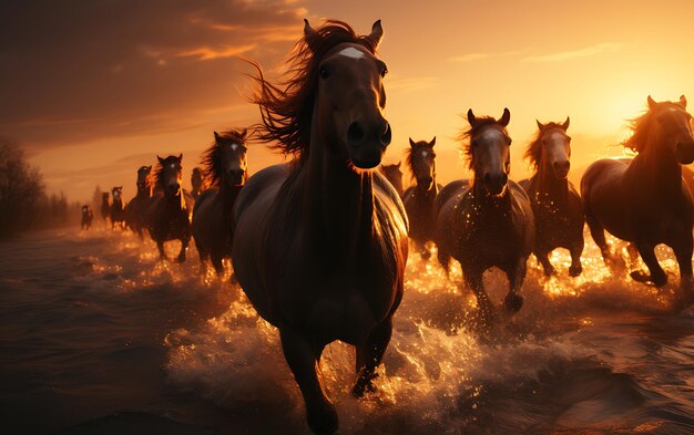 horses running on the beach at sunset