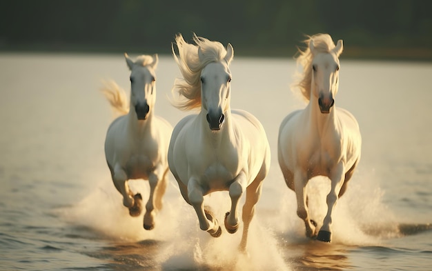 horses running on the beach at sunset