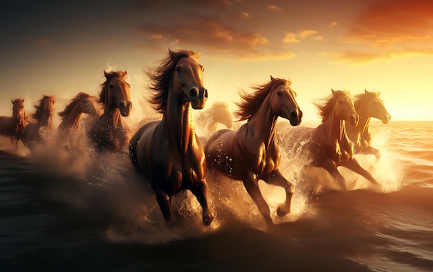 horses running on the beach at sunset