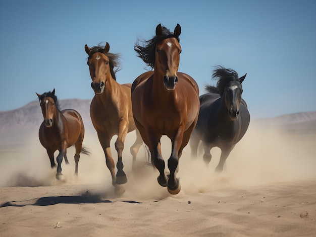 Horses running in the desert with dust flying around them