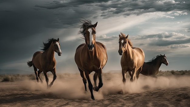 Horses running in the desert with the sky in the background