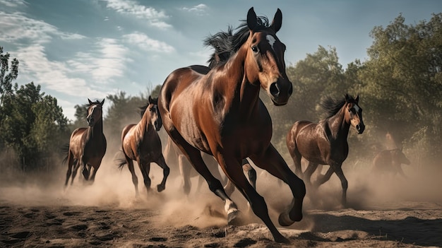 Horses running on a dusty field with the sky in the background