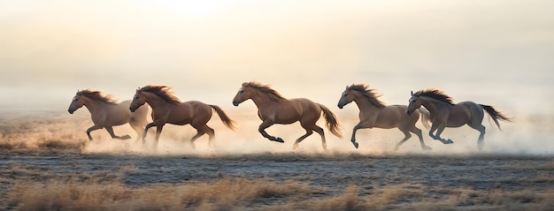 Photo horses running in the fog