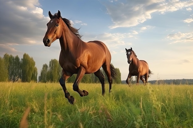 Horses running on green meadow with nice landscape