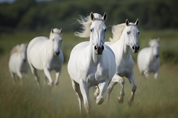 Horses running on green meadow with nice landscape