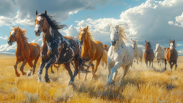 Horses running in a plain with sunset background