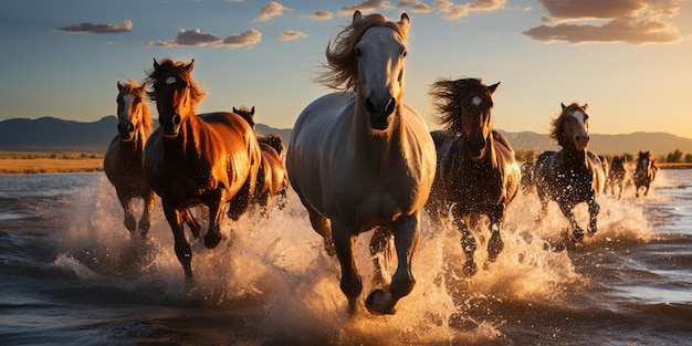 horses running through the water at sunset in a field generative ai