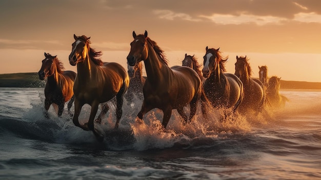 Horses running in the water at sunset