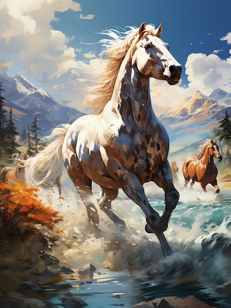 horses running in the water with mountains in the background generative ai