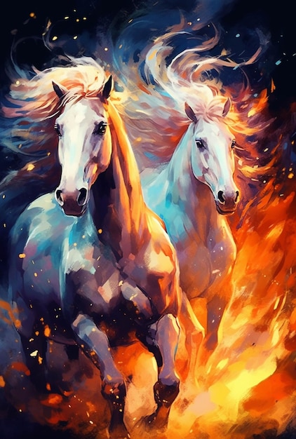 Horses running in the wind with a fire background generative ai