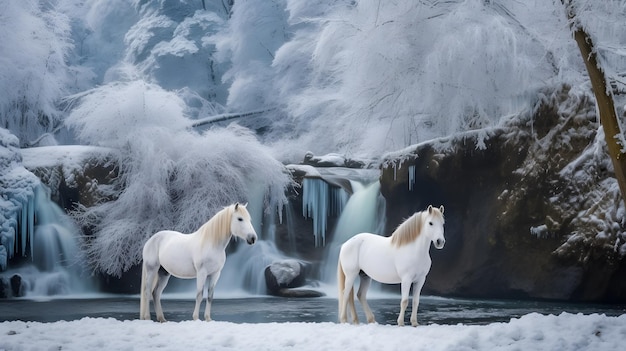 Horses in the snow by the waterfall