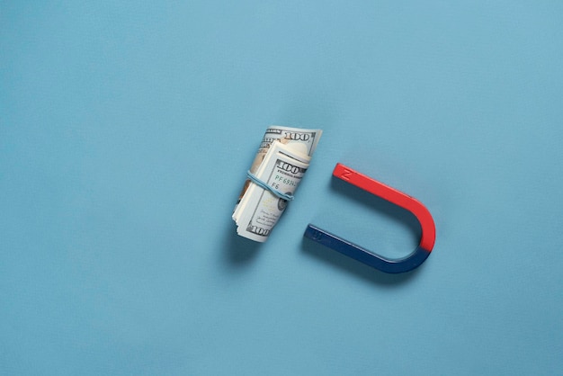 A horseshoe blue and red magnet near the pack of dollar cash