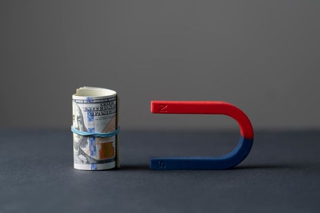 A horseshoe blue and red magnet near the pack of dollar cash