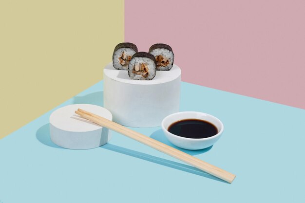 Hosomaki sushi rolls with eel and soy sauce on a white plaster stand on a colorful plain background blue pink yellow