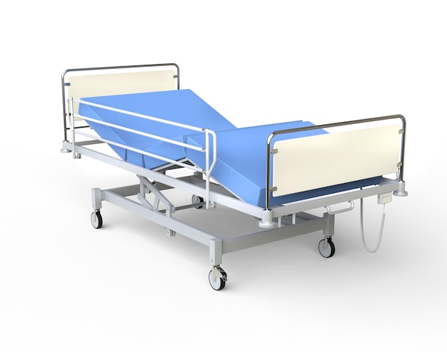 Hospital bed with blue bedding right view