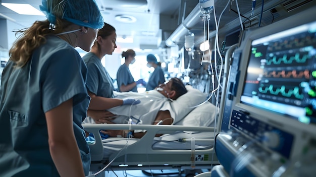 a hospital bed with a man laying on it