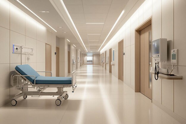 Photo a hospital corridor with a blue chair on the floor and a sign that says hospital on the left side