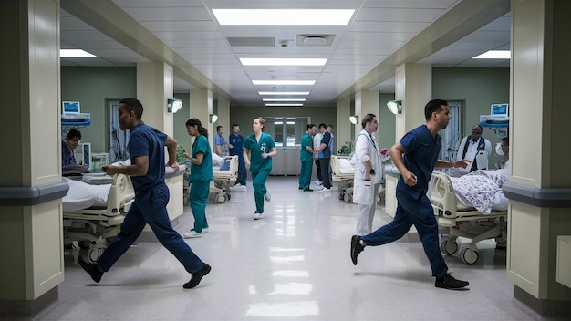 a hospital corridor with a man running through it