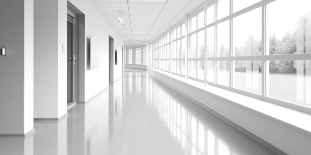 Hospital corridor with windows in the style of bokeh light gray bauhaus light white skillful Generative AI image weber