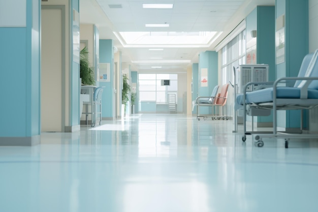 a hospital hallway with a blue chair and a blue wall