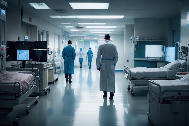 A hospital hallway with a few doctors walking down the aisle.